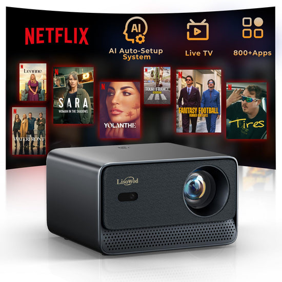 Lisowod L03Pro black mini-projector with WiFi and Bluetooth streaming Netflix, AI auto-setup, live TV, 800+ apps, 1080P resolution, portable smart projector