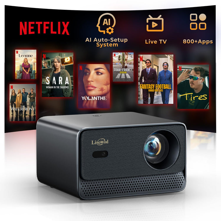 Lisowod L03Pro black mini-projector with WiFi and Bluetooth streaming Netflix, AI auto-setup, live TV, 800+ apps, 1080P resolution, portable smart projector