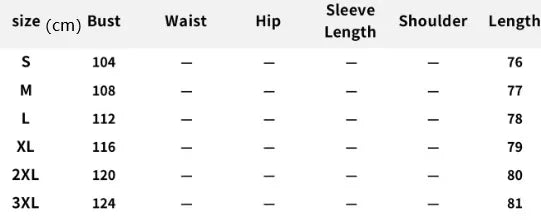 Streetwear size chart with bust and length measurements for S to 3XL, minimalist layout.