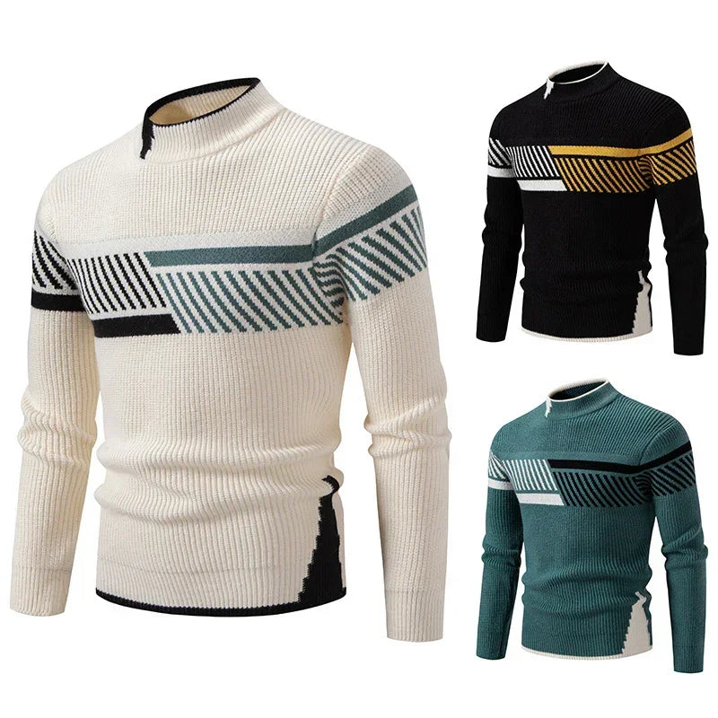 Men's slim fit knit sweaters in cream, black, and teal with bold geometric stripe patterns.