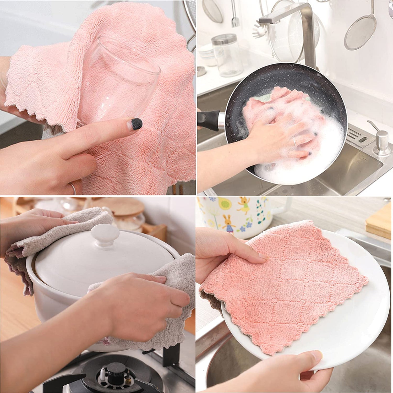 10 pack microfiber kitchen cloths in pink and grey, super absorbent coral velvet dish towels for cleaning and drying dishes and surfaces