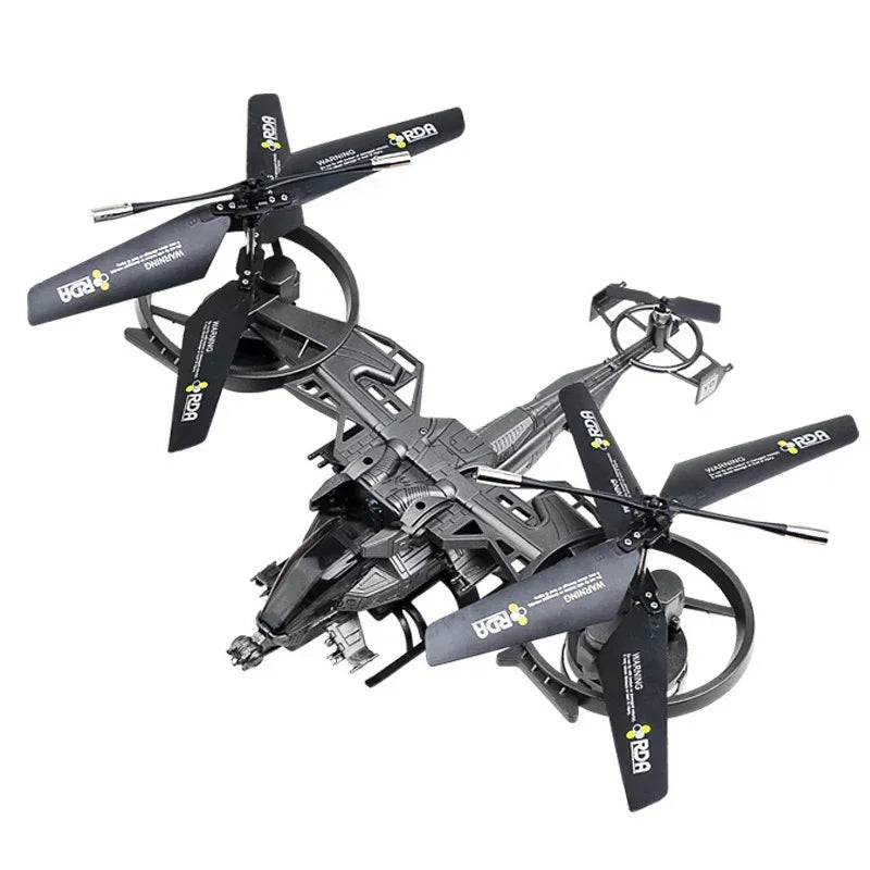 Black futuristic drone helicopter with four large rotors and sleek aerodynamic design