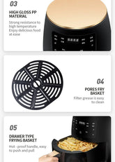 Black air fryer with gold top, digital display, removable fry basket, and grease filter accessory.