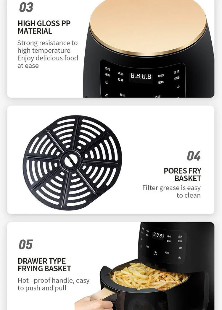 Black air fryer with gold top, digital display, removable fry basket, and grease filter accessory.