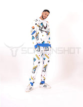 Mens Urban Hip Hop white pullover fleece sweatshirt and joggers with colorful abstract patterns