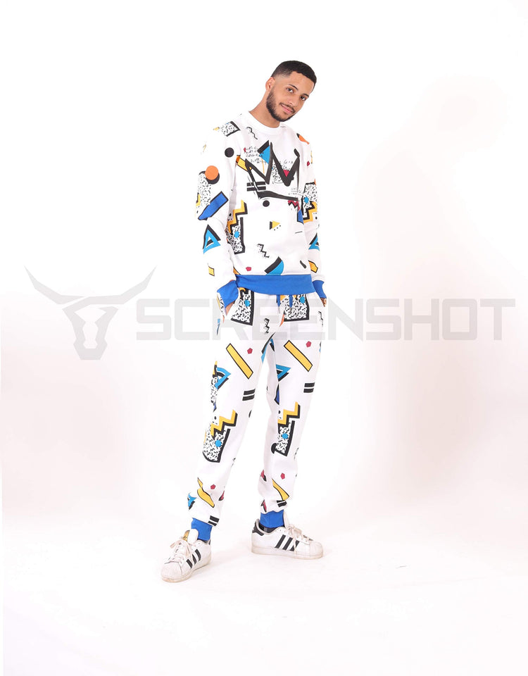 Mens Urban Hip Hop white pullover fleece sweatshirt and joggers with colorful abstract patterns