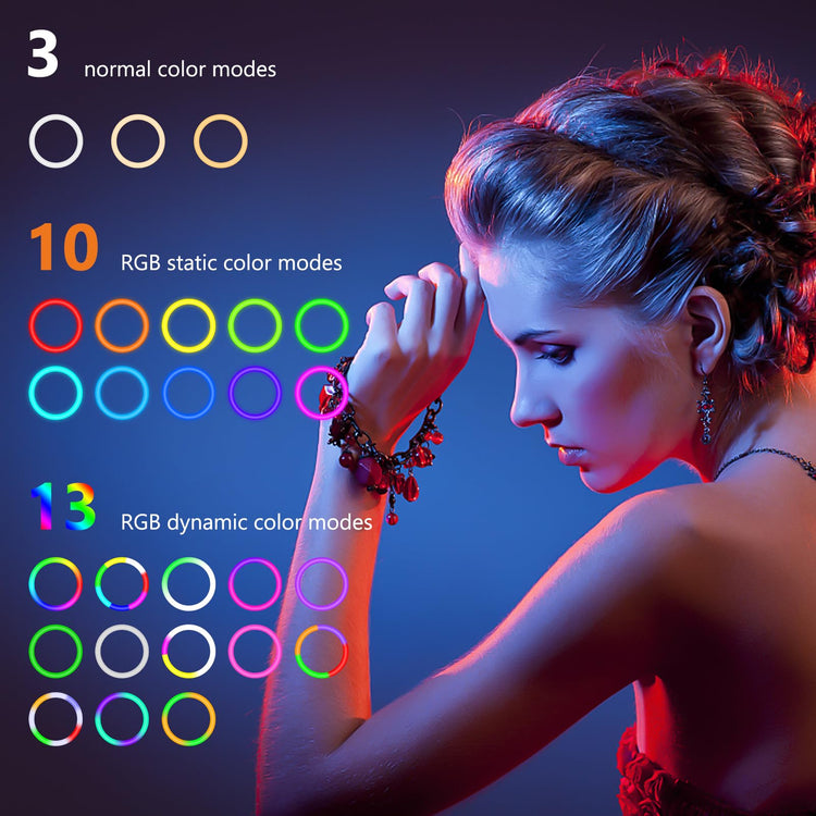 Woman illuminated by colorful selfie ring light showing 26 color modes on blue background