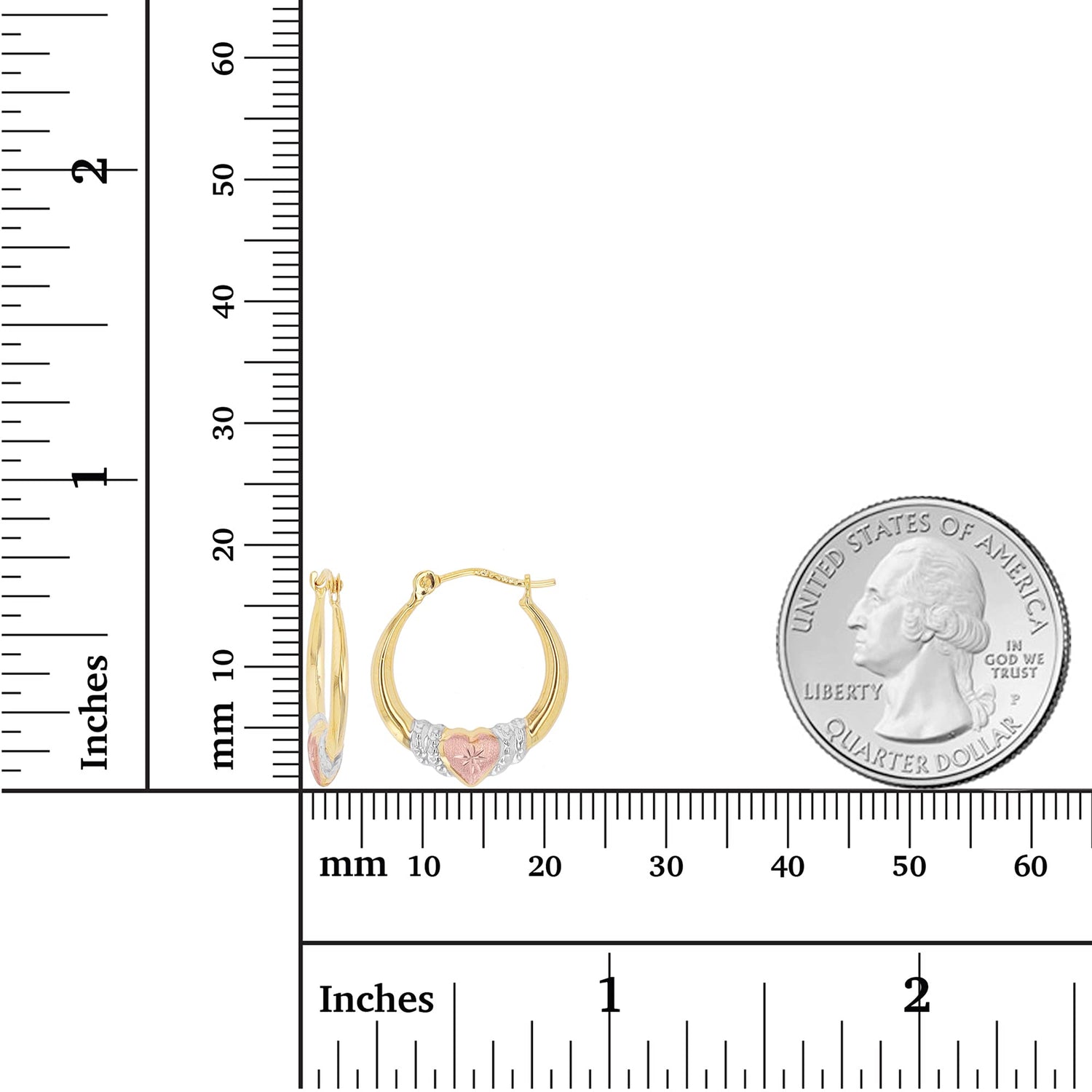 14K gold solid tricolor diamond cut heart hoop earrings next to a quarter for size comparison