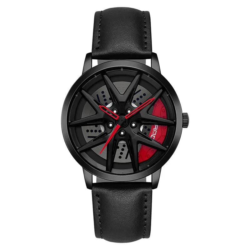 Black leather strap watch with futuristic black and red dial, skeleton wheel design