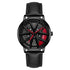 Black leather strap watch with futuristic black and red dial, skeleton wheel design