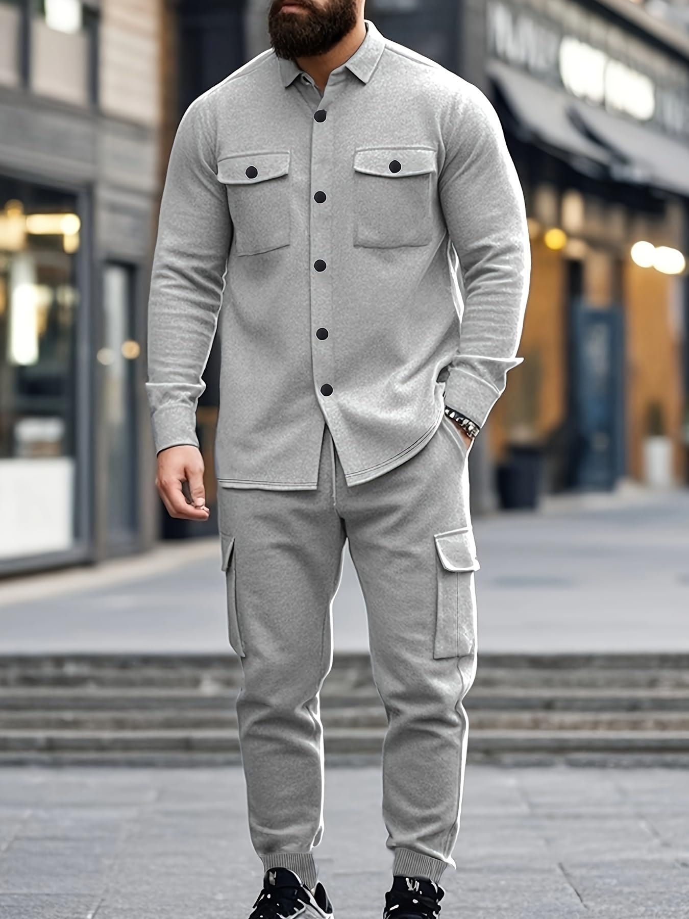Riskrole Men's Fleece Cargo Jacket Tracksuit Set 2 Pieces Solid Color Long Sleeve Button up Jacket and Cargo Pants Set