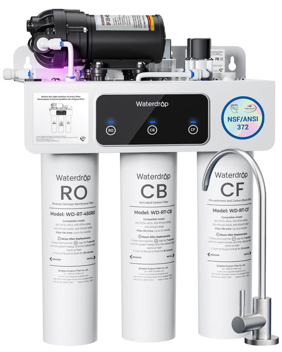 Waterdrop WD-T3-C Reverse Osmosis Water Filter, NSF/ANSI 372 Certified, 8-Stage Under Sink RO Water Filter, 450GPD Tankless Water Filtration System, 2:1 Pure to Drain, BPA Free, Plug-in Required