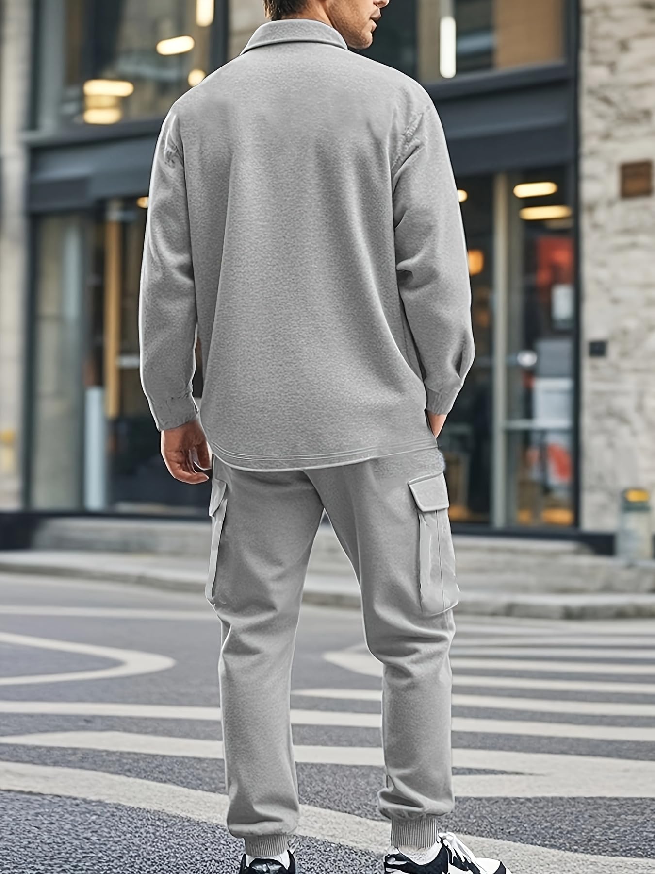 Riskrole Men's Fleece Cargo Jacket Tracksuit Set 2 Pieces Solid Color Long Sleeve Button up Jacket and Cargo Pants Set