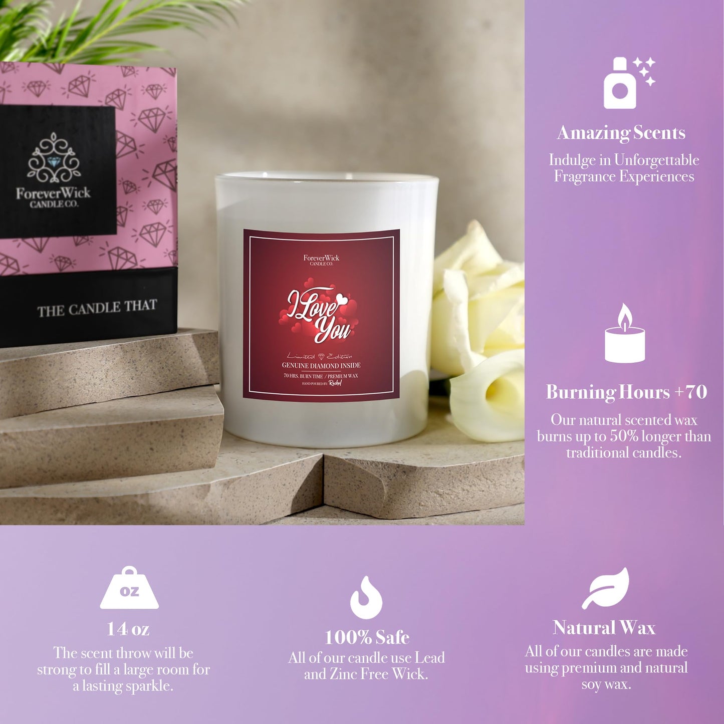I Love You Surprise Candle with Diamond Inside | Foreverwick Candles | Scented Soy Candles Gifts for Women Anniversary Candle Wax | Romance Candles All-Natural Organic Soy Candle 14oz | 70h