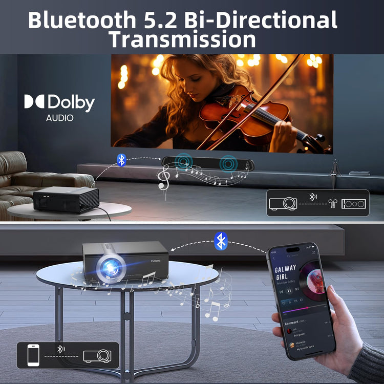 Netflix Licensed Smart Projector FUDONI with Bluetooth 5.2, Dolby Audio, streaming apps, 1080P Native, 4K support, portable indoor/outdoor use