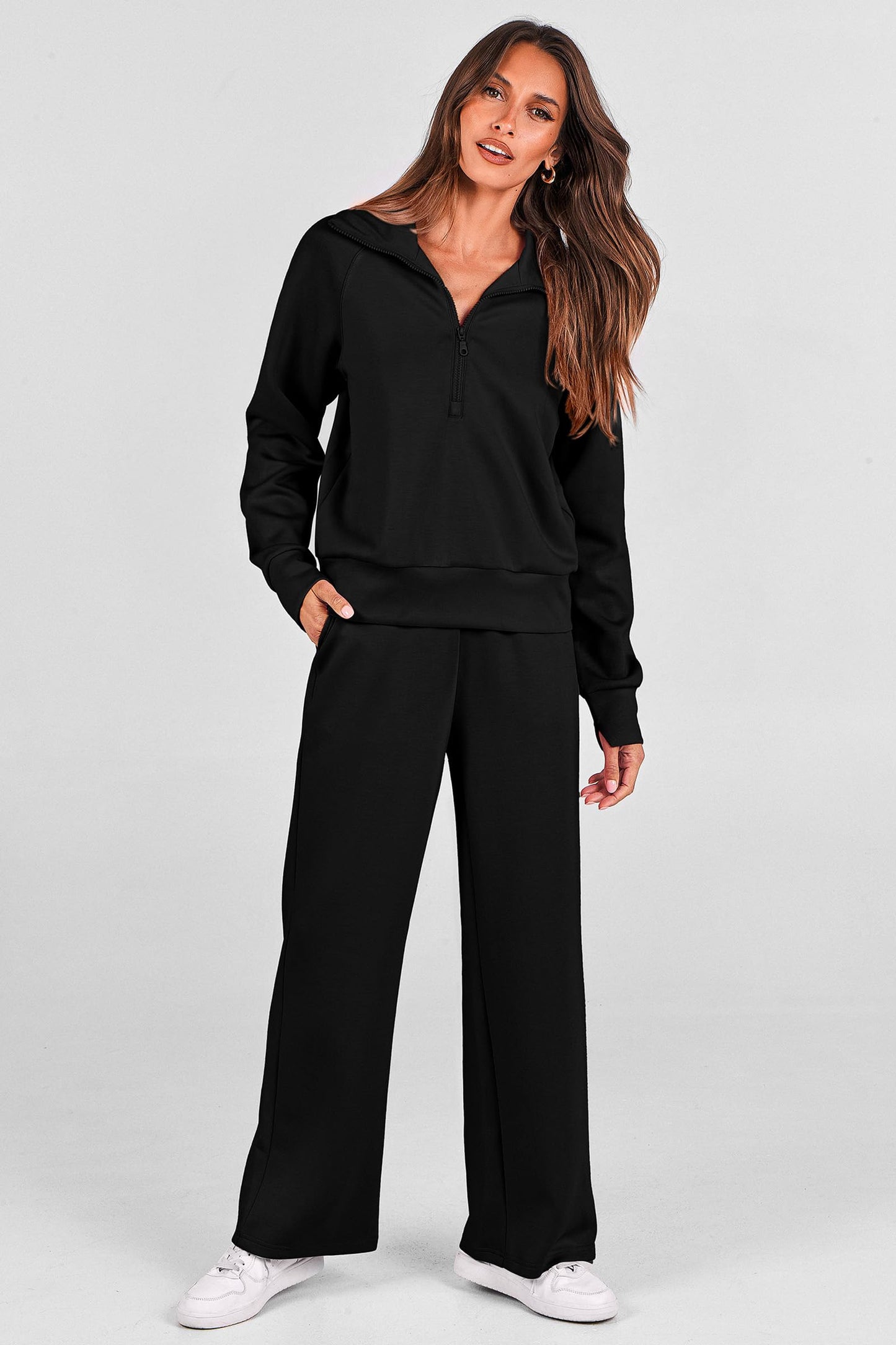 PRETTYGARDEN Women's 2025 Fall Lounge Sets Casual Half Zip Sweatshirt and Wide Leg Pants 2 Piece Outfits Sweatsuit (Black,Medium)