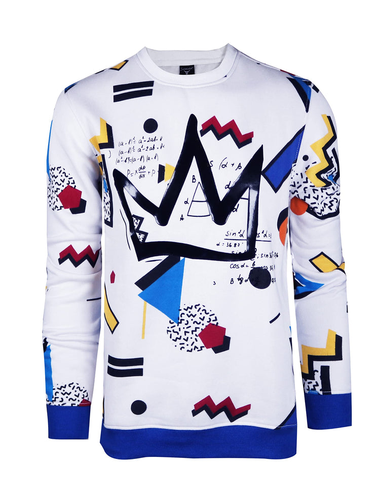 Mens urban hip hop premium white fleece pullover sweatshirt with colorful abstract street art design