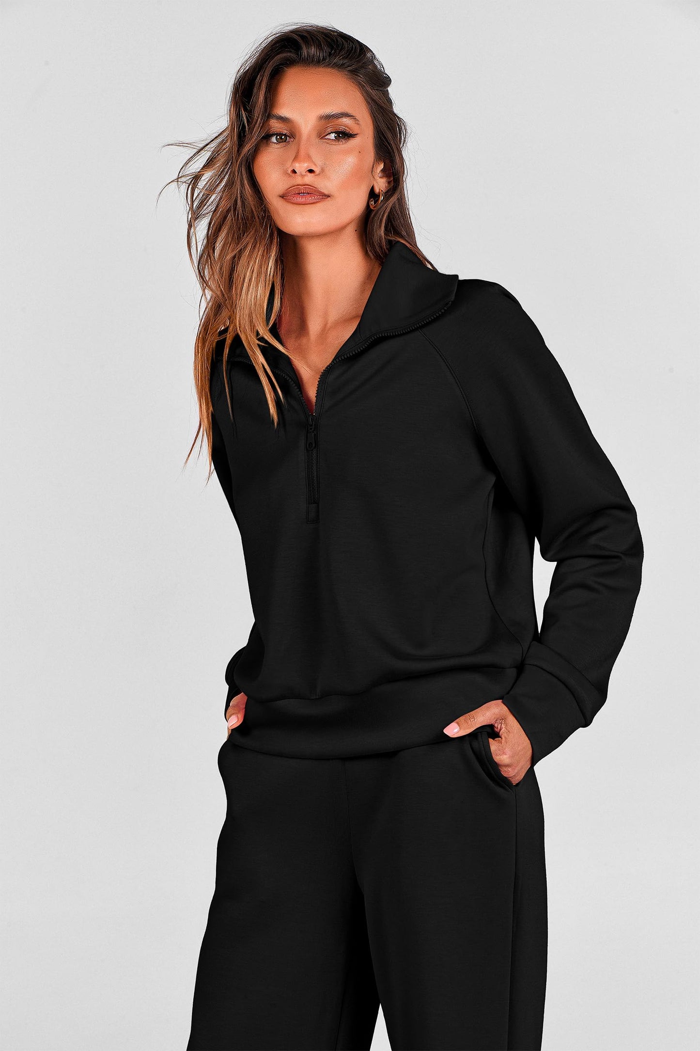 PRETTYGARDEN Women's 2025 Fall Lounge Sets Casual Half Zip Sweatshirt and Wide Leg Pants 2 Piece Outfits Sweatsuit (Black,Medium)