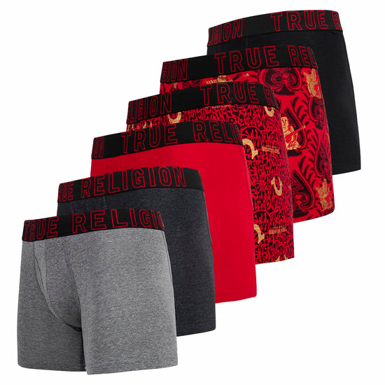 True Religion Mens Boxer Briefs pack of 6 in red, black, grey, and patterned with cotton stretch fabric and breathable design
