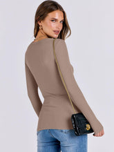 Women long sleeve rib knit slim fit shirt in light khaki by ANRABESS