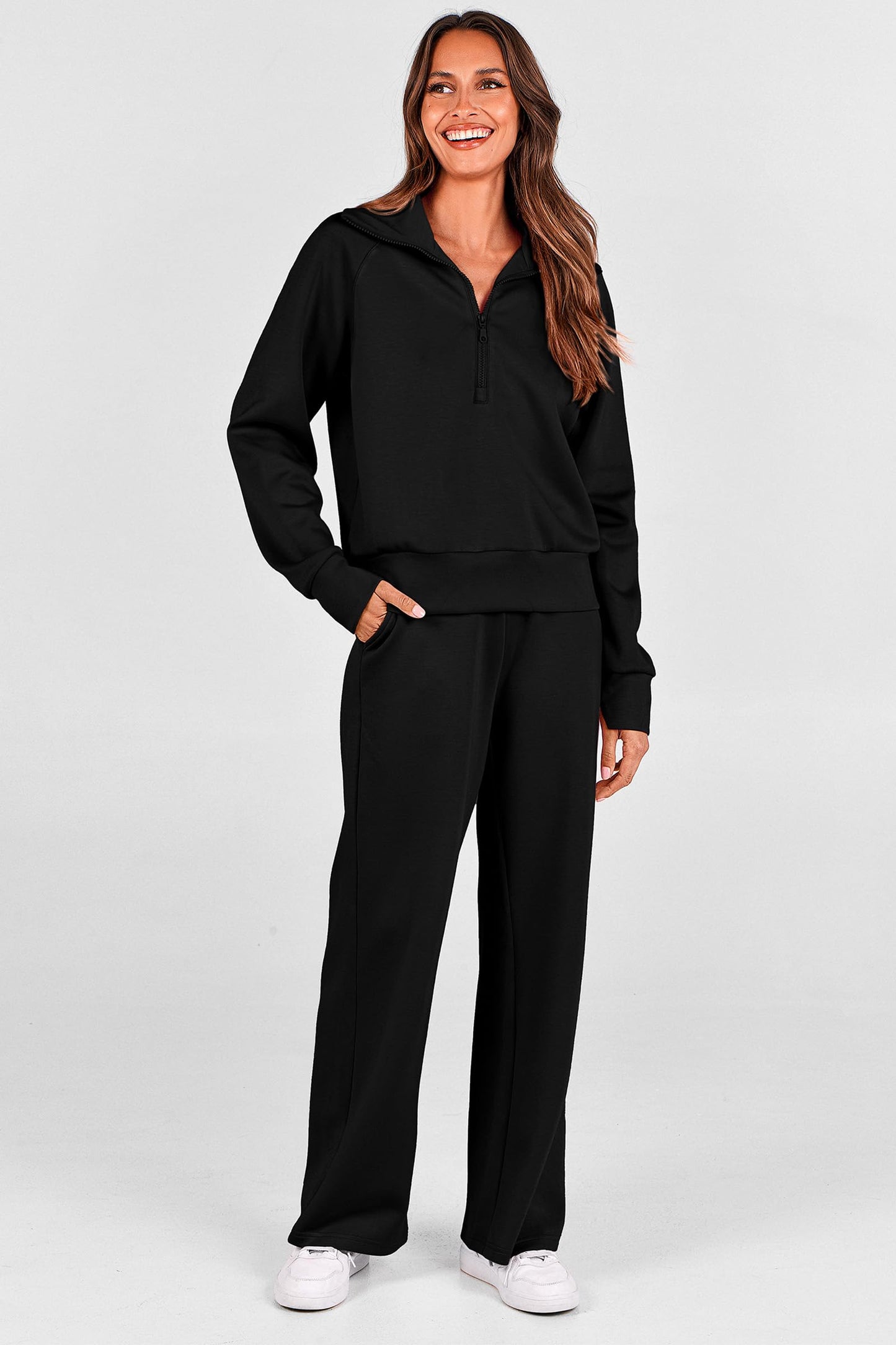 PRETTYGARDEN Women's 2025 Fall Lounge Sets Casual Half Zip Sweatshirt and Wide Leg Pants 2 Piece Outfits Sweatsuit (Black,Medium)