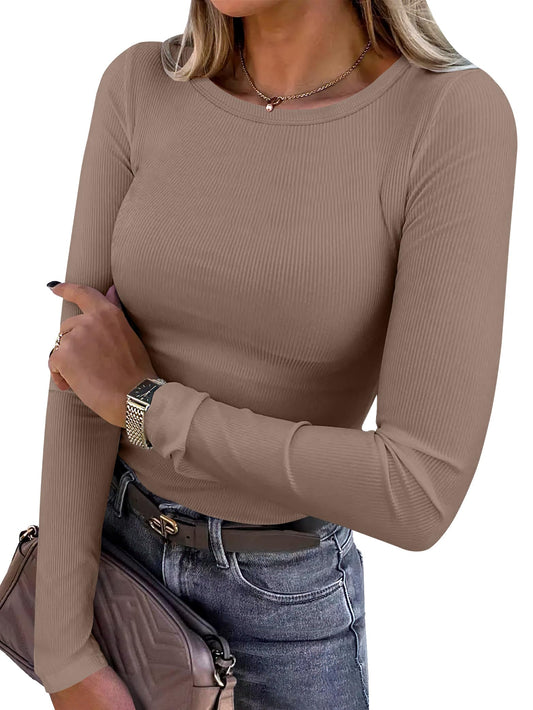ANRABESS Women Long Sleeve Shirts Rib Knit Slim Fit Tops Basic Tee 2025 Fall Outfits Casual T-Shirt Underscrubs Layer Clothes Light Khaki Small