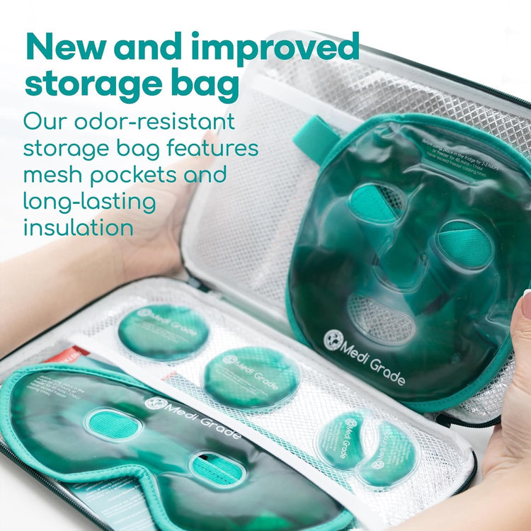 Medi Grade Cooling Ice Face Mask and Eye Pads set with odor-resistant storage bag and ChillGel technology for puffy eyes and migraine relief