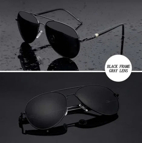 Aviator sunglasses with black metal frame and gray lenses, sleek modern streetwear style.