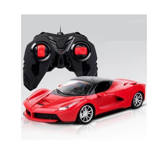 Red remote control sports car with sleek design and black controller, glossy finish