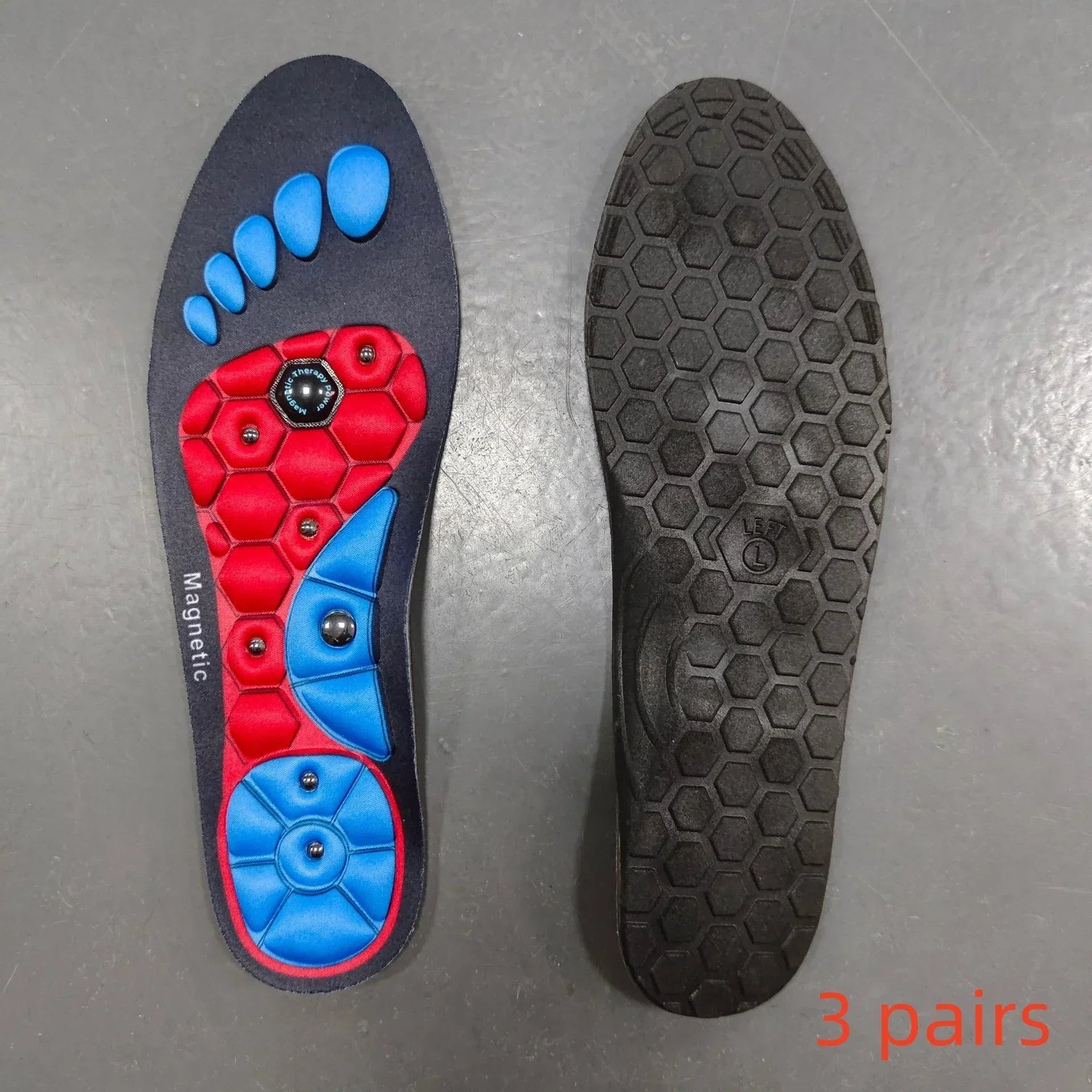 Pair of ergonomic insoles with blue and red cushioned pads, magnetic pressure points, and honeycomb rubber sole, designed for comfort and support.