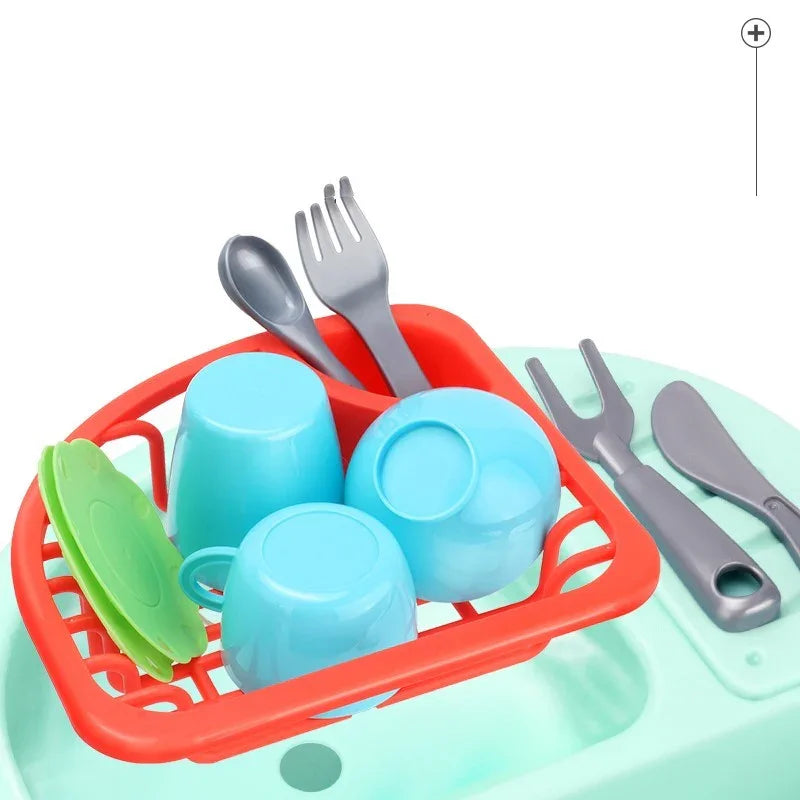 Plastic play kitchen utensils in a red drying rack, including blue cups, green plates, and gray cutlery.