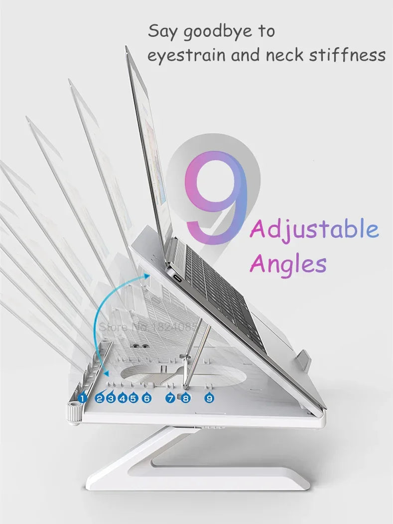 Adjustable white laptop stand with nine angle settings for ergonomic desk setup