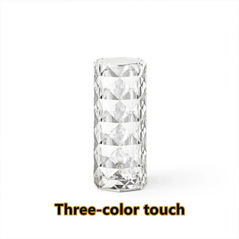 Crystal textured cylindrical lamp with geometric surface and three-color touch control