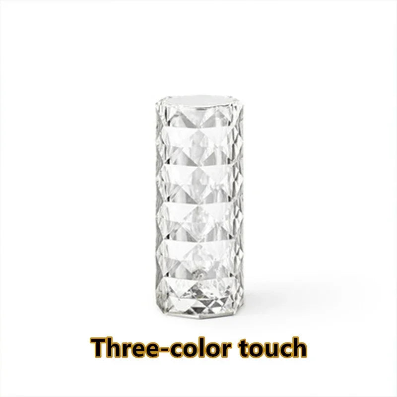 Crystal textured cylindrical lamp with geometric surface and three-color touch control