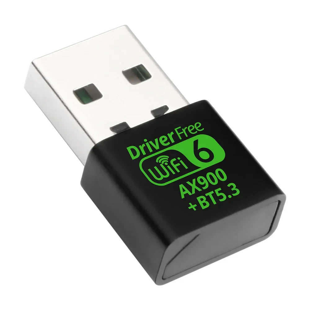 Black and silver USB WiFi 6 AX900 adapter with Bluetooth 5.3, compact plug-and-play design