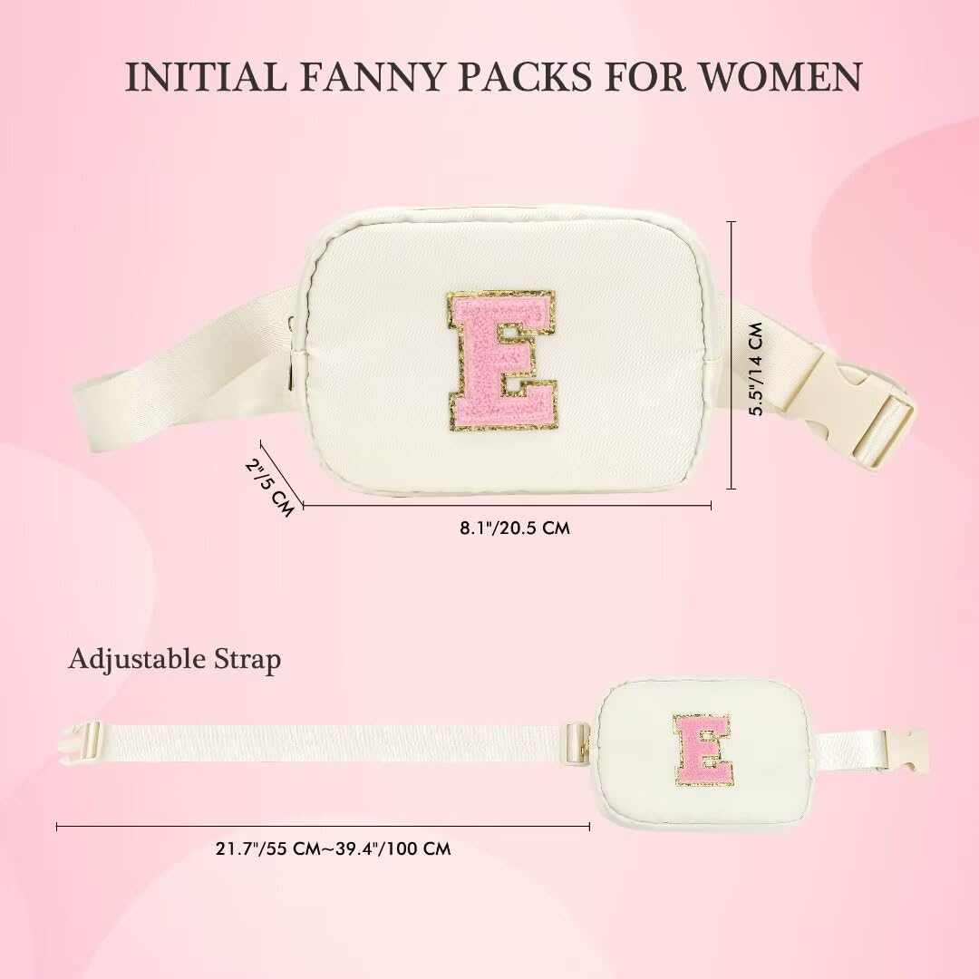 YOOLIFE Initial Crossbody Bag white personalized fanny pack with adjustable strap and pink letter E embroidery for women