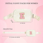 YOOLIFE Initial Crossbody Bag white personalized fanny pack with adjustable strap and pink letter E embroidery for women