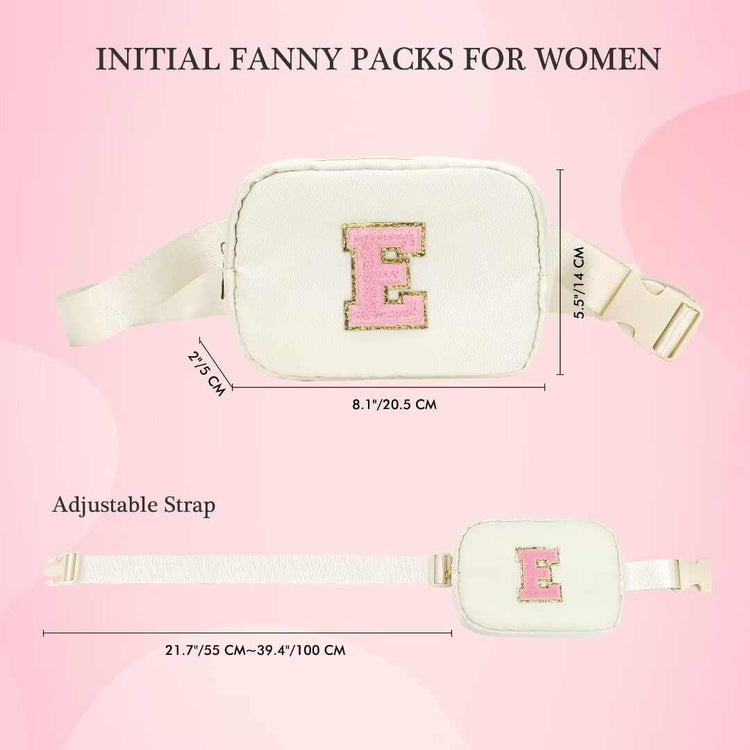 YOOLIFE Initial Crossbody Bag white personalized fanny pack with adjustable strap and pink letter E embroidery for women