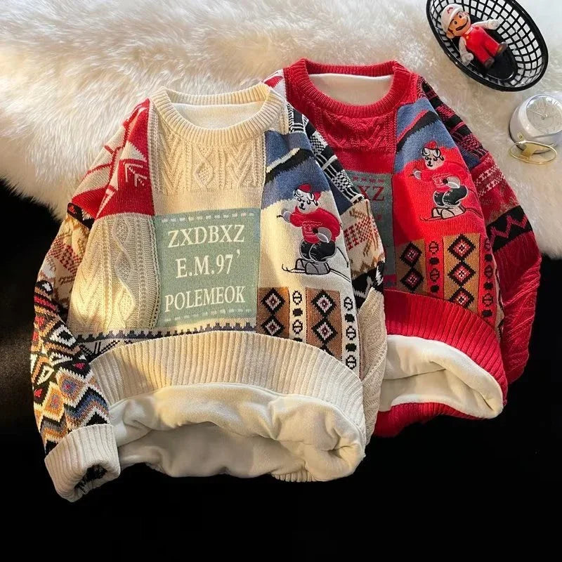 Colorful knit sweaters with geometric patterns and cartoon graphic, relaxed fit, fleece lined.