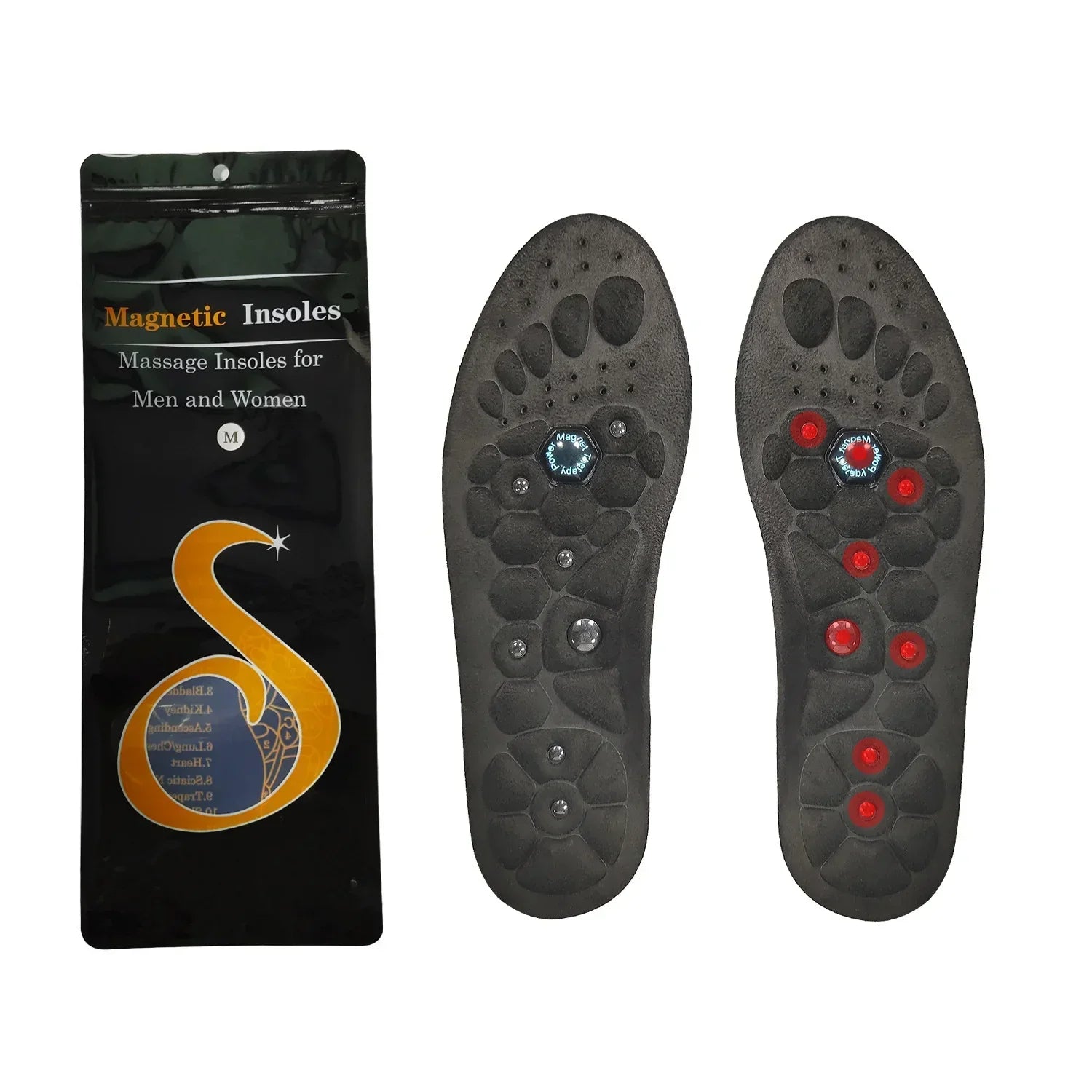Black massage insoles with visible magnetic nodes, textured design, medium size, unisex style.