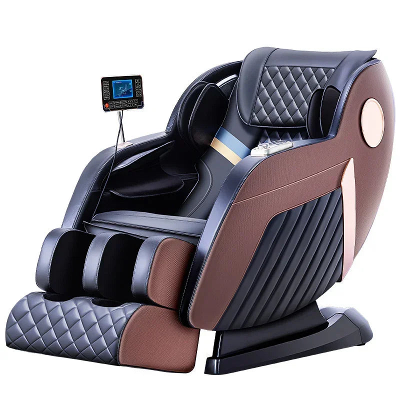 Futuristic brown and black leather massage chair with quilted panels and digital control screen