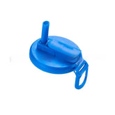Blue plastic bottle cap with attached straw and handle, leakproof hydration accessory.