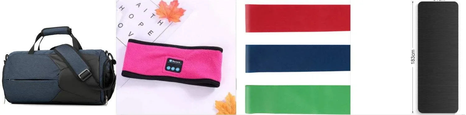 Athletic duffel bag, pink fleece Bluetooth headband, set of colored stretch bands, and long black exercise mat