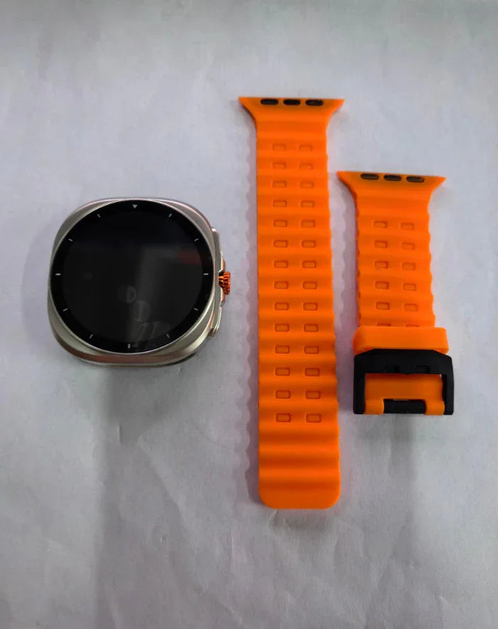 Silver smart watch case with bright orange silicone strap, modern tech accessory