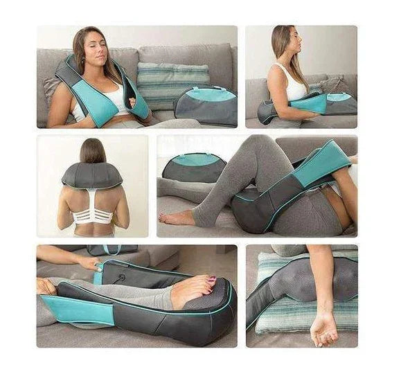 Woman using a gray and teal ergonomic massage wrap in various positions on neck, arms, legs, and feet.