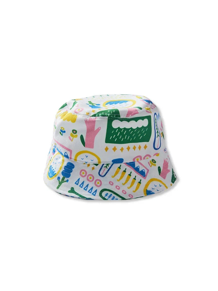 White bucket hat with colorful abstract graphic print, soft fabric, relaxed fit