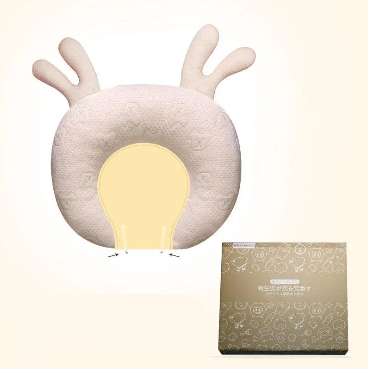 Soft beige baby pillow with animal ear design, plush texture, ergonomic shape, with box