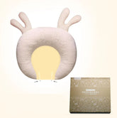 Soft beige baby pillow with animal ear design, plush texture, ergonomic shape, with box