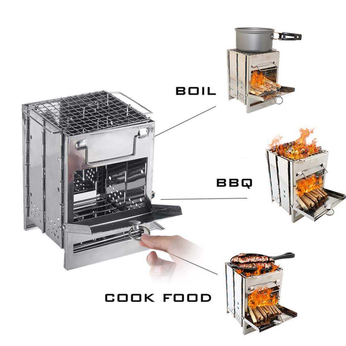 Compact stainless steel portable stove for boiling, grilling, and cooking food with wood fire.