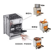 Compact stainless steel portable stove for boiling, grilling, and cooking food with wood fire.